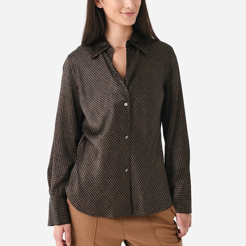 Vince • Houndstooth Silk Long Sleeve Blouse